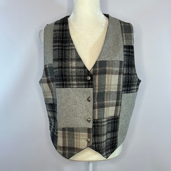 Plaid Patchwork Wool Vest with Button Closure - Picture 1 of 6